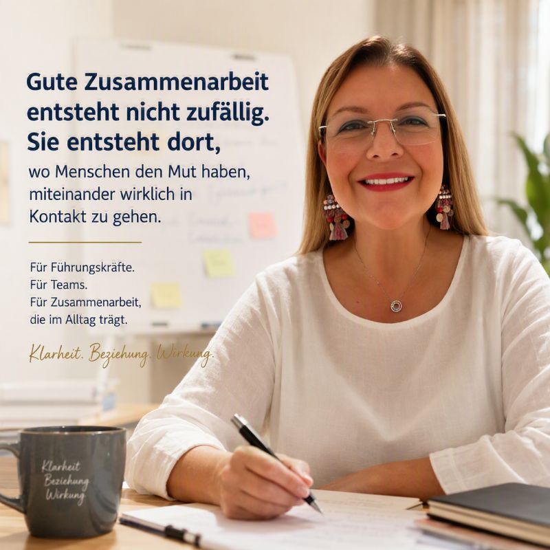 Porträtaufnahme vor einem Flipchart. Daneben steht der Text: Gute Zusammenarbeit entsteht nicht zufällig. Sie entsteht dort, wo Menschen den Mut haben, miteinander wirklich in Kontakt zu gehen. Für Führungskräfte. Für Teams. Für Zusammenarbeit, die im Alltag trägt. Klarheit. Beziehung. Wirkung.