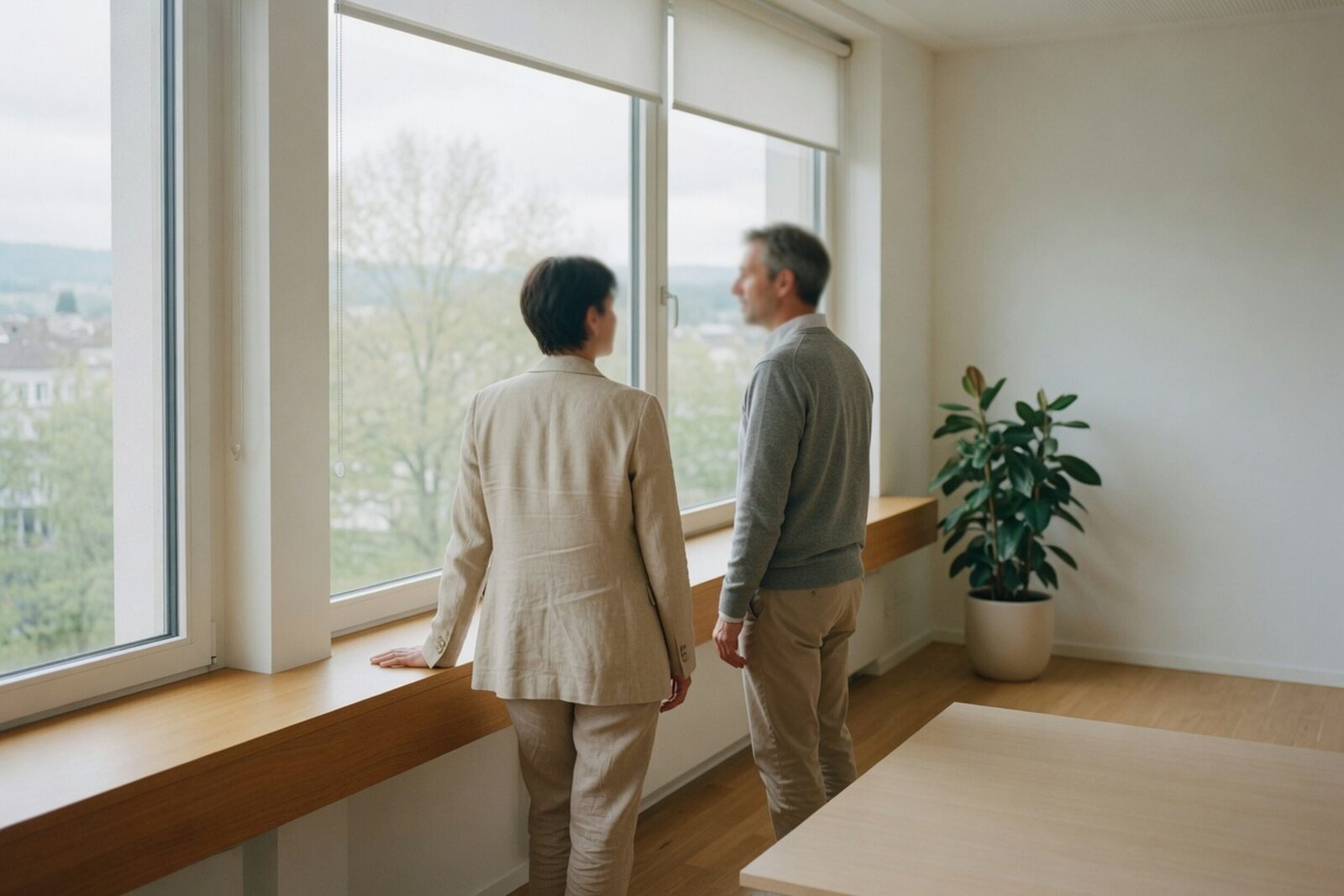 Zwei Menschen stehen an einem Fenster und sprechen miteinander, heller Raum mit Eichenbank und Pflanze.